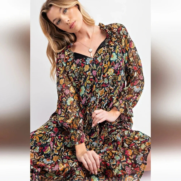 New Easel Black Floral Chiffon Midi Dress - Picture 2 of 5